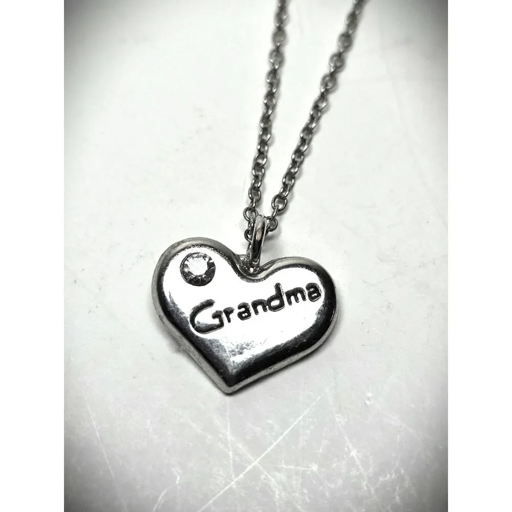 Grandma Heart Pendant Chain Necklace Rhinestone Silver Tone 26